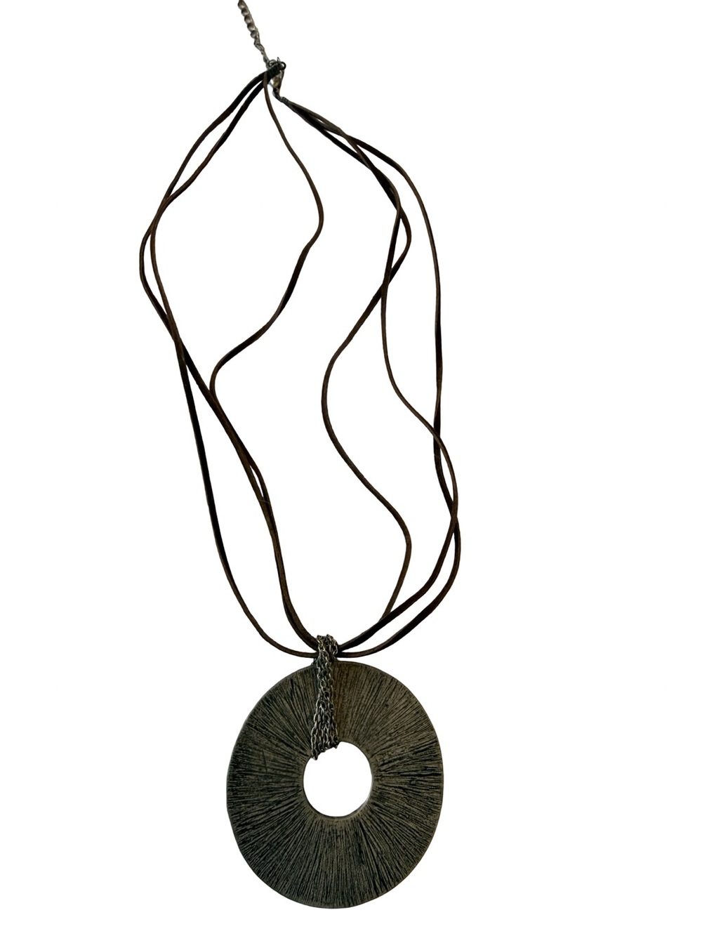 Reversible Textured Circle Pendant Necklace | Brown Multi-Strand Cord | Gunmetal - Picture 9 of 13